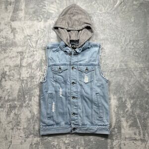 RUDE Hot Topic Mens Distressed Grunge Denim Vest With Hoodie Light Wash Size XS